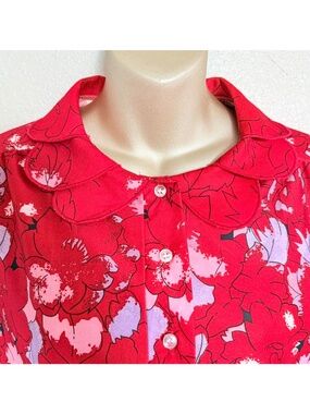 Vintage 70s Whimsical Red Floral Rounded Peter Pan Scalloped Collar Blouse Sz L